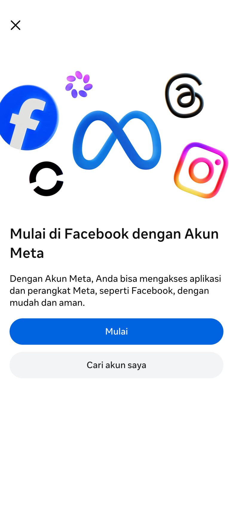 Layar awal pendaftaran Facebook: Mulai di Facebook dengan Akun Meta