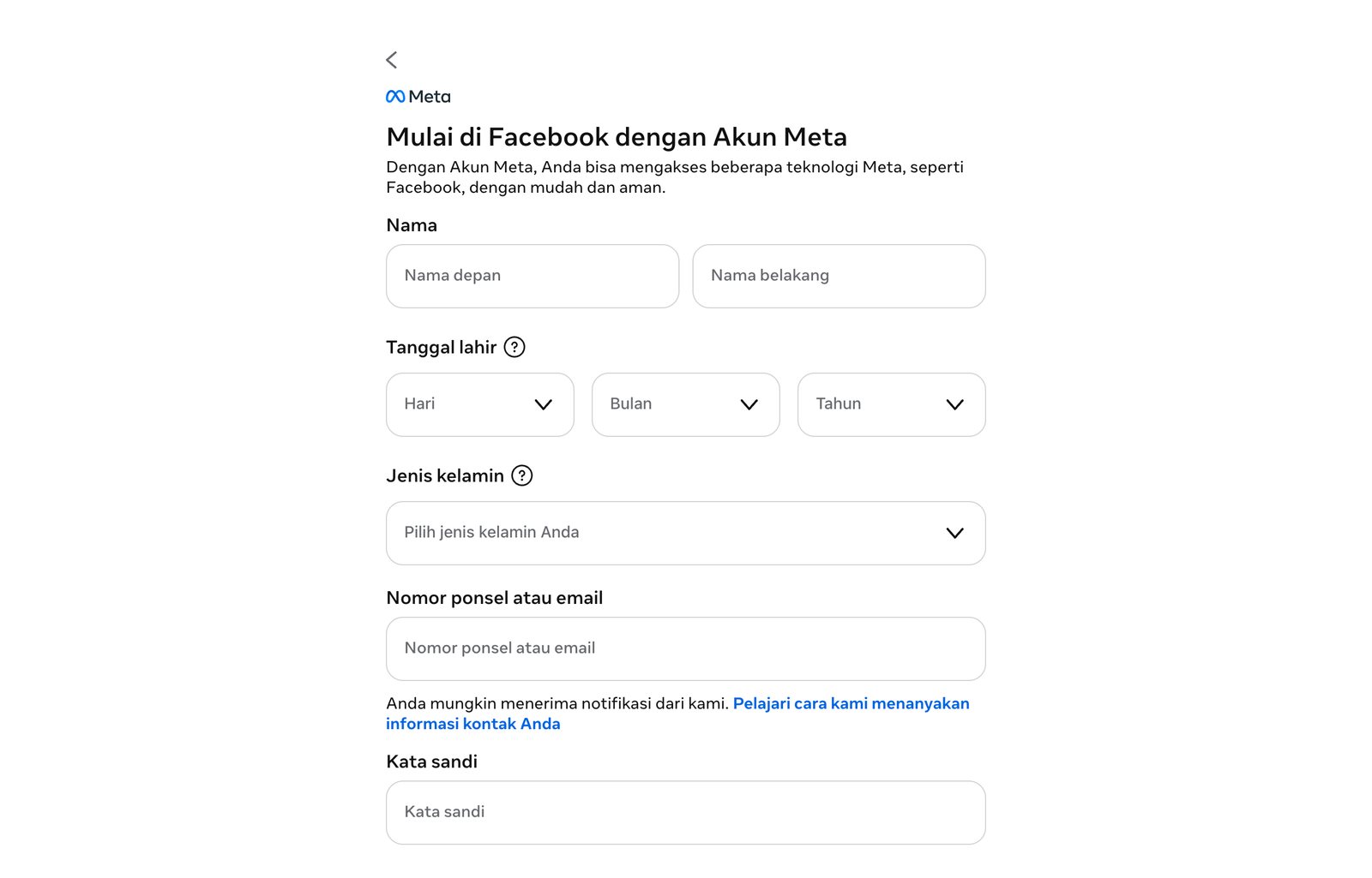 Formulir pendaftaran Facebook: nama, tanggal lahir, jenis kelamin, nomor ponsel atau email, kata sandi