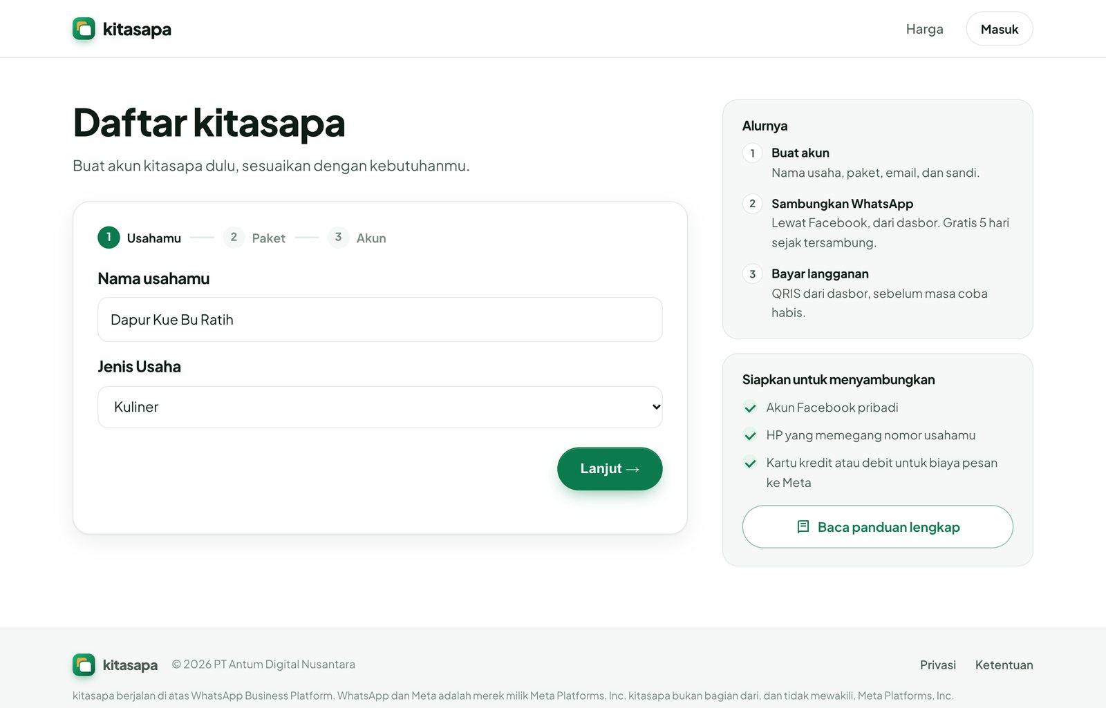 Formulir daftar kitasapa langkah 1: nama usaha dan jenis usaha
