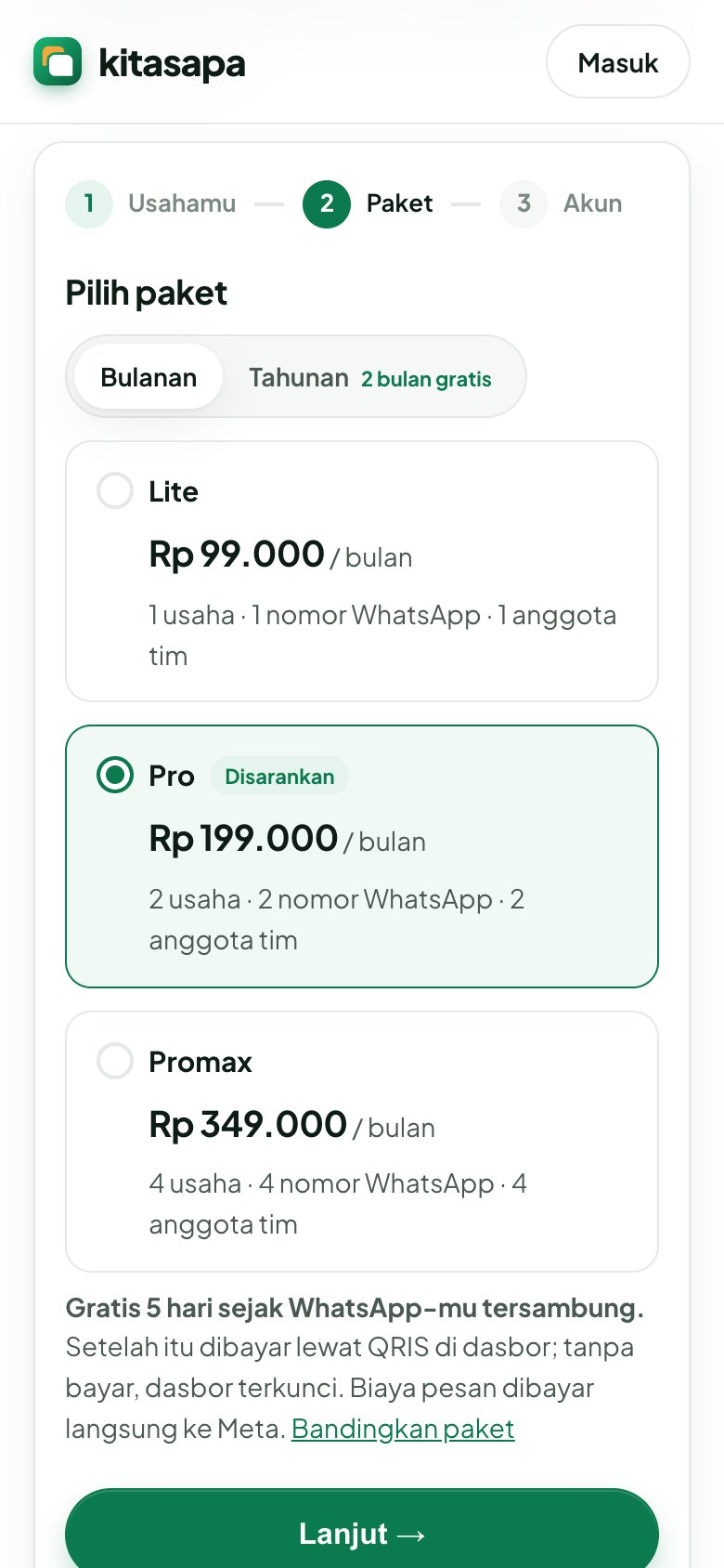 Formulir daftar kitasapa langkah 2: pilihan paket Lite, Pro, Promax dan cara bayar