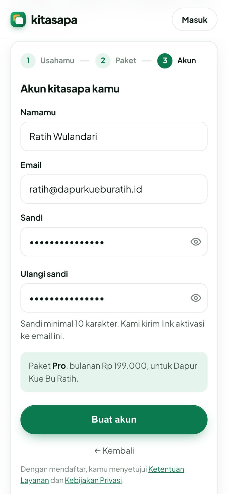 Formulir daftar kitasapa langkah 3: nama, email, sandi, dan tombol Buat akun