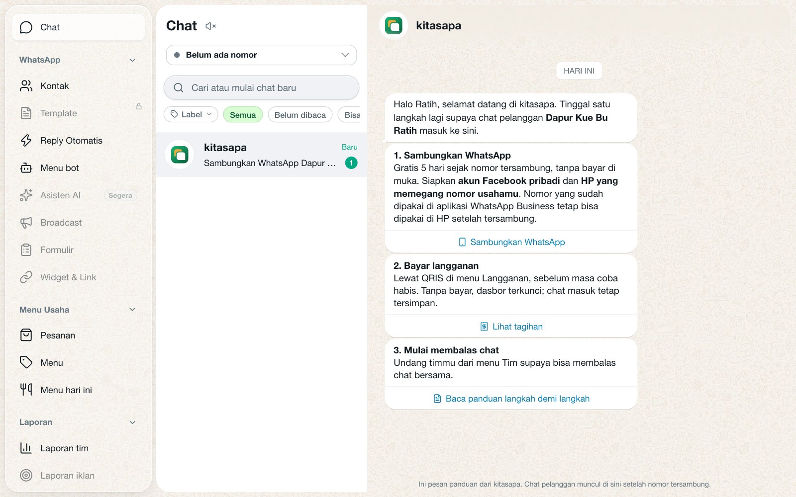 Dasbor kitasapa sebelum WhatsApp tersambung: chat panduan dari kitasapa berisi tiga langkah bertombol, menu yang menunggu nomor tampil redup bergembok