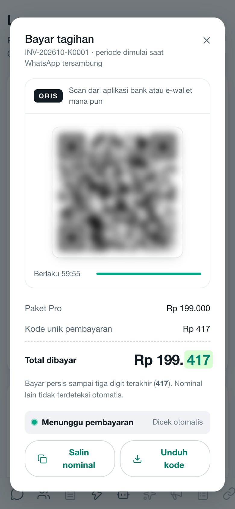 Jendela Bayar tagihan berisi kode QRIS dan total yang dibayar