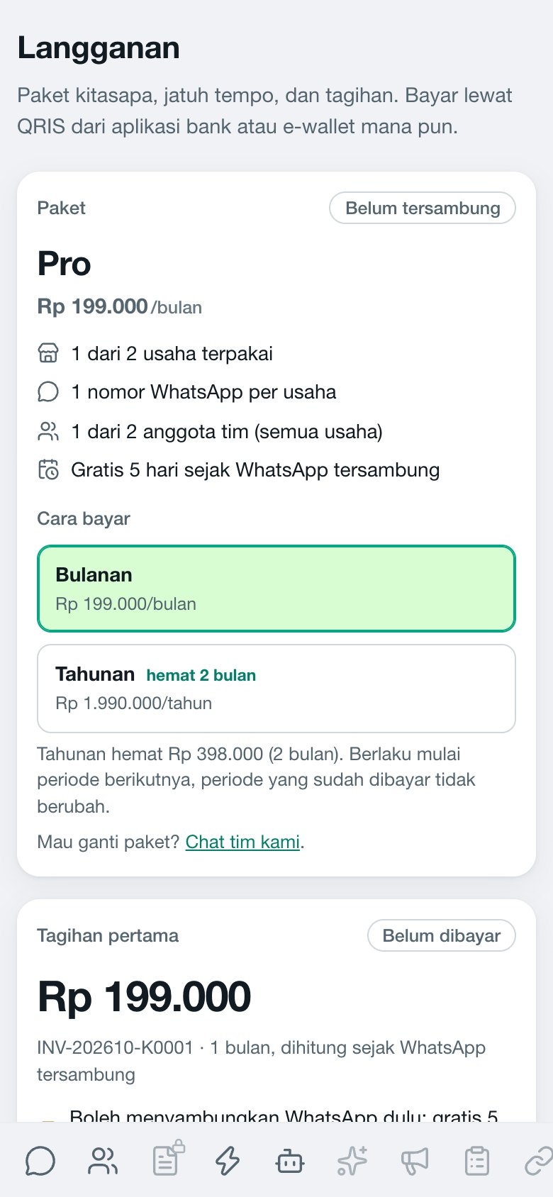 Layar Langganan: paket Pro, gratis 5 hari sejak WhatsApp tersambung, tagihan pertama