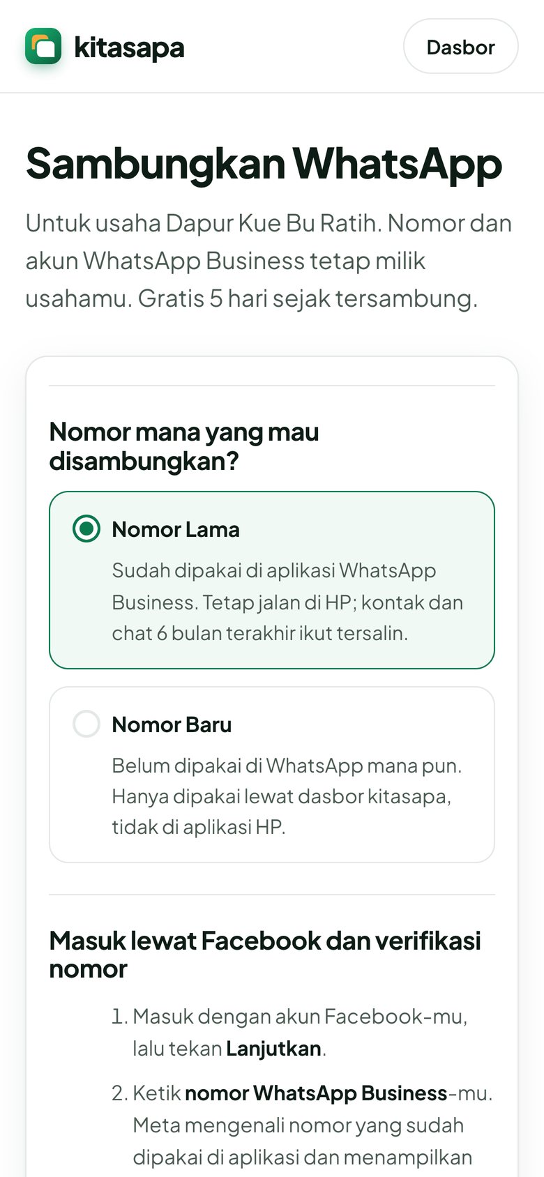 Halaman Sambungkan WhatsApp: pilihan Nomor Lama atau Nomor Baru dan tombol Sambungkan lewat Facebook