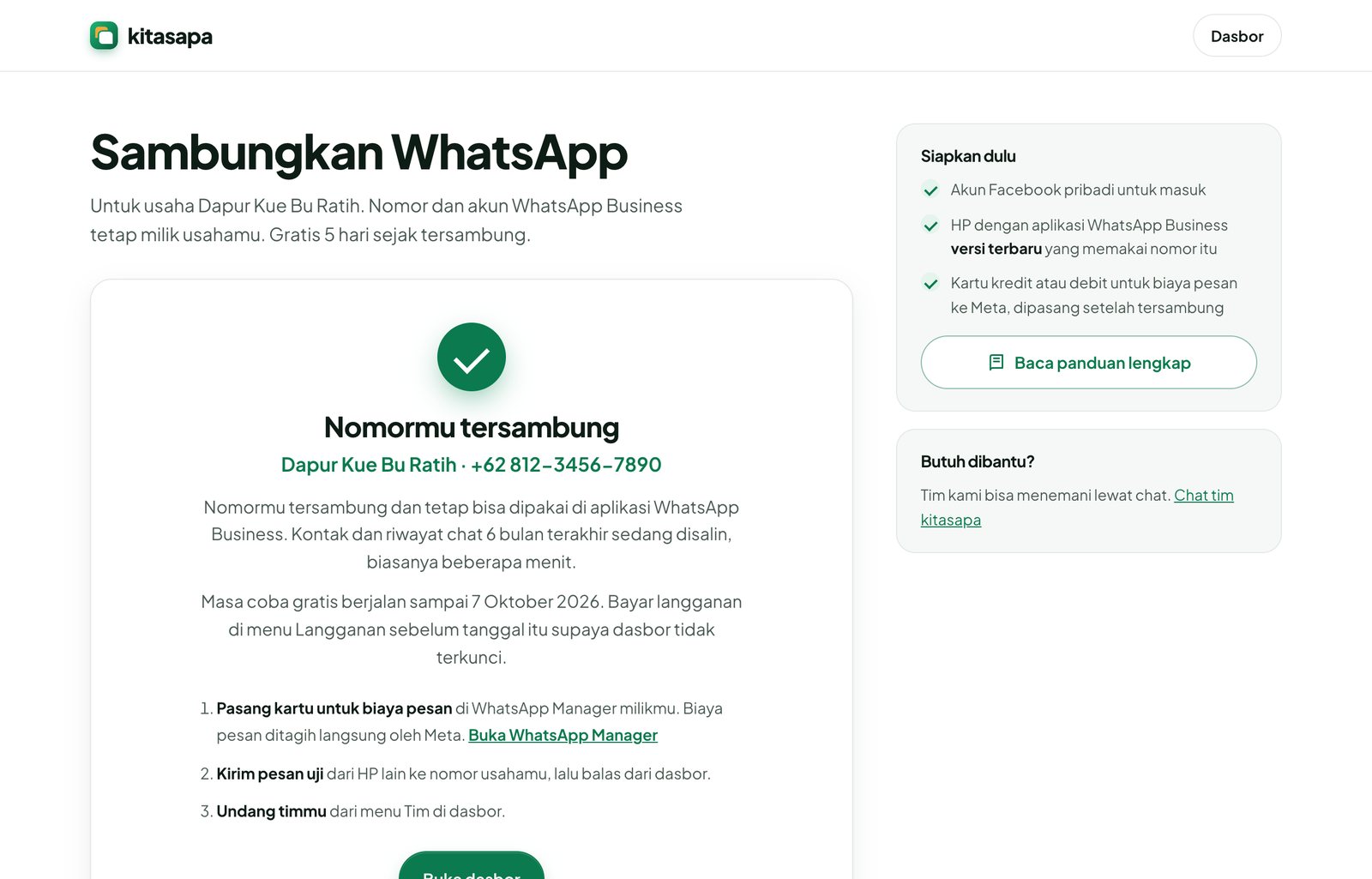 Halaman kitasapa sesudah tersambung: nomor, keterangan, dan masa langganan