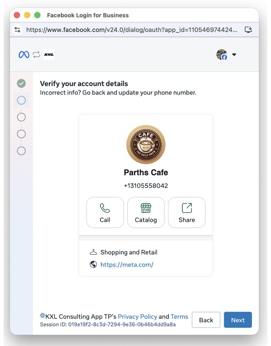 Jendela Meta: Verify your account details, profil bisnis dari aplikasi