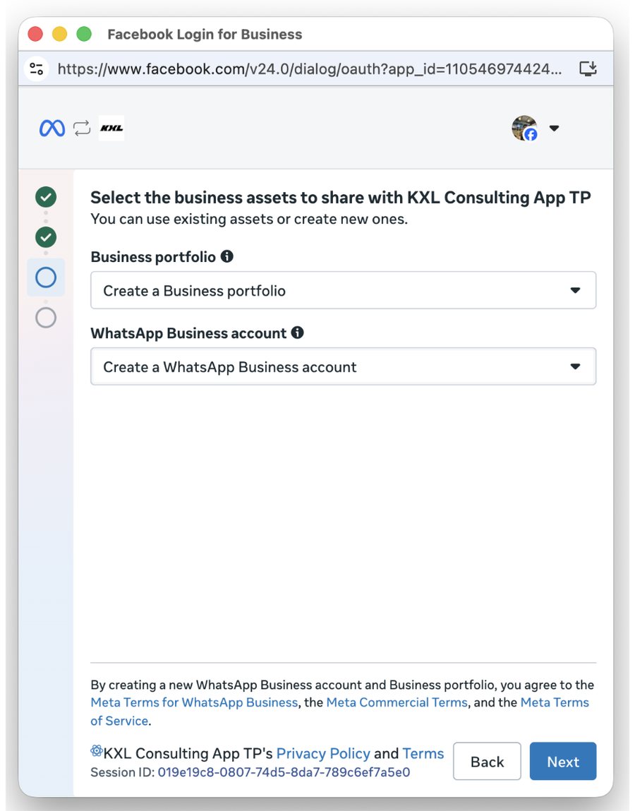 Jendela Meta: memilih portofolio bisnis dan akun WhatsApp Business