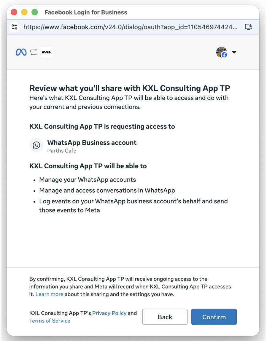 Jendela Meta: Review what you'll share, tombol Confirm